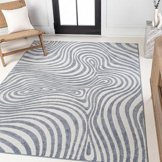 JONATHAN Y Maribo High-Low Abstract Striped Dark Blue/Cream 5x8 Indoor/Outdoor Area Rug for Patio, Backyard, Living Room, Bedroom, Office, Hose-Washable (SCN103E-5)
