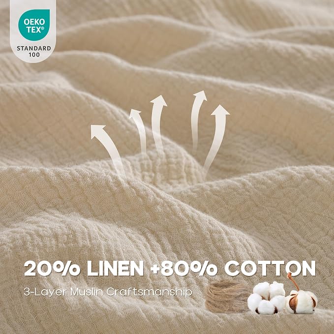 Simple&Opulence Linen Muslin Duvet Cover Set Twin Size, 3Pcs Khaki Linen Cotton 3-Layer Gauze Minimalist Comforter Cover 68”x86”, Ultra Soft Breathable Seersucker Bedding Set with 1 Pillowcase