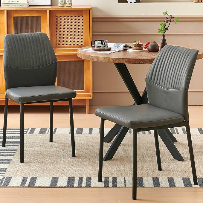 37" Round Dining Table Set for 2, Mid Century Modern Small Coffee Set for Dining Room Kitchen Apartment (Walnut Table + 2 PU Leather Dark Grey Chairs)