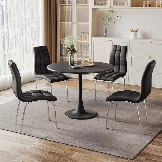 AF ARTISAN FURNITURE Black Round MDF-Metal Dining Table Set for 4, 31.5" Round Tulip Table Kitchen Dining Table with 4 PU Chairs for Office Living Room Small Space Patio Balcony