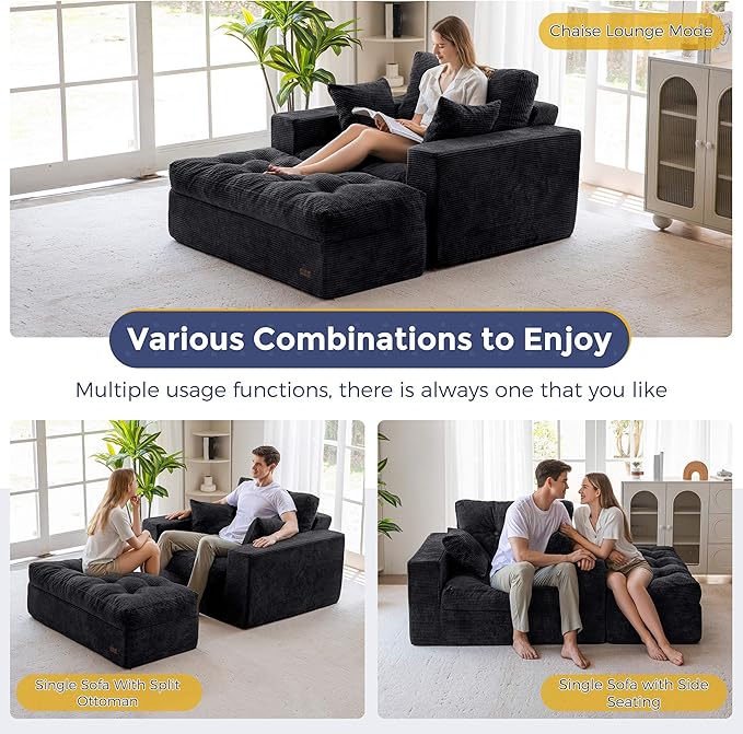 MAXYOYO Oversized Chaise Lounge Sofa, Upholstered Lounge Chair with 3 Pillows, Tufted Boneless Sofa Couch with Ottoman, Deep Seat Chair for Living Room, No Assembly, Black
