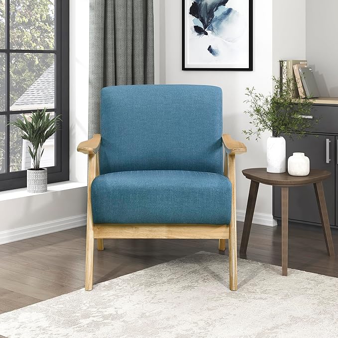 Lexicon Mid Century Modern Accent Chair with Solid Wood Frame in Natural Finish, Textured Fabric Living Room Lounge Arm Chair, Thick and Comfy Innerspring Seat Cushion, Linen-Look Fabric, Blue