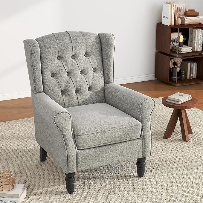 High Back Accent Chair, Fabric Upholstered Armchair Retro Wingback Arm Chair for Living Room, Comfy Single Sofa Bedroom Reading Seat with Solid Wood Legs - Light Gray