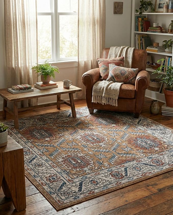 Rugs.com - Nyla Collection Rug – 6 Ft Square Mustard Yellow Stain-Resistant Area Rug – Ideal for Living Rooms, Bedrooms, and Dining Areas