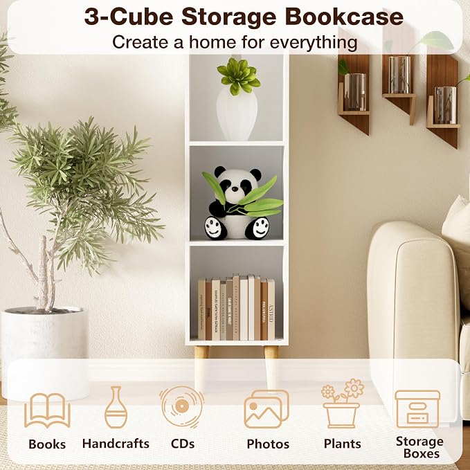 3 Cube Bookcase, Wooden Book Shelf Cube Storage Organizer with Legs, 3 Tier Bookshelf Freestanding Open Shelves for Bedroom, Living Room, Home Office (White, 3 Cube)
