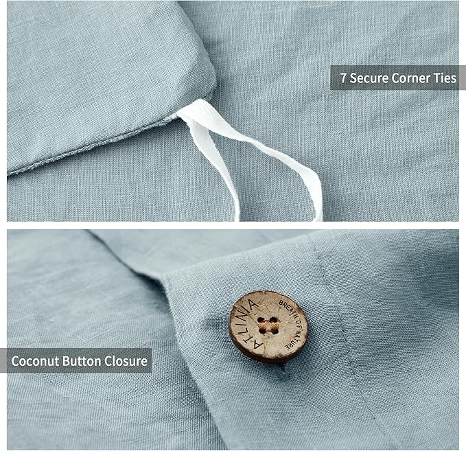 ATLINIA 100% Flax Linen Duvet Cover Set - Stone Washed Pure French Linen Organic Fabric for Farmhouse Comforter Boho Bedding Included 1 Duvet Cover 2 Pillow Shams(Dusty Blue, Queen)