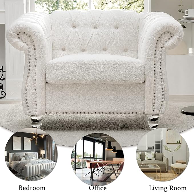Yoglad Upholstered Accent Chair, Retro Style Armchair with Rolled Arms, Comfy Single Sofa with Wood Legs and Nailhead for Living Room, Bedroom, Apartment (White, 39", Teddy Fabric)