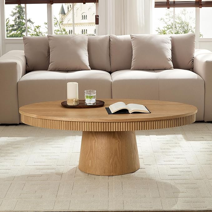 47.24" Oval Coffee Table Modern Handcraft Drum Center Table with Sturdy Pedestal for Living Room Apartment, Oak