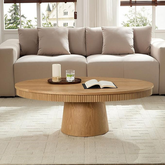 47.24" Oval Coffee Table Modern Handcraft Drum Center Table with Sturdy Pedestal for Living Room Apartment, Oak