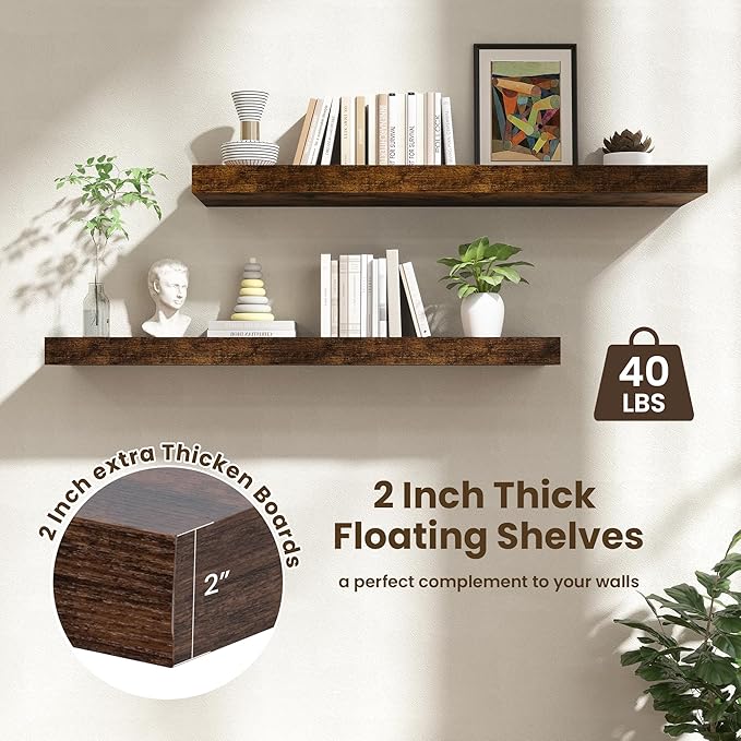 48 Inch Floating Shelves | 12 Inch Deep Floating Shelves Set of 1 | 48" W x 12" D Rustic Brown Wood Wall Shelves for Bathroom Living Room Kitchen Laundry Room