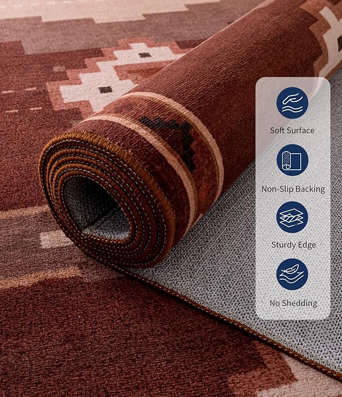 YIHOUSE Navajo Rustic Rug for Living Room, 8x10 Southwestern Area Rug Mid Century Modern Brown Rug Soft Non-Slip Washable Rugs for Bedroom, Dining Room (Brown/Red, 8'x10')