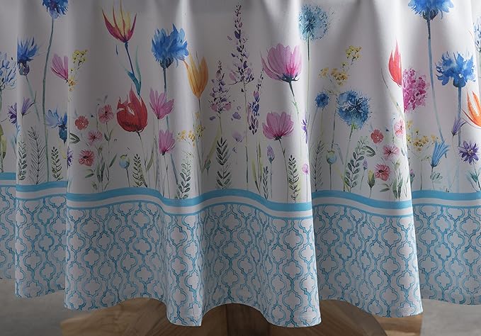 Maison d' Hermine Table Cloth Round Table 100% Cotton 63 Round Inches Tablecloth Reusable Decorative for Dining Room Farmhouse Home Valentines Day Decorations Spring Summer - Flower in The Field