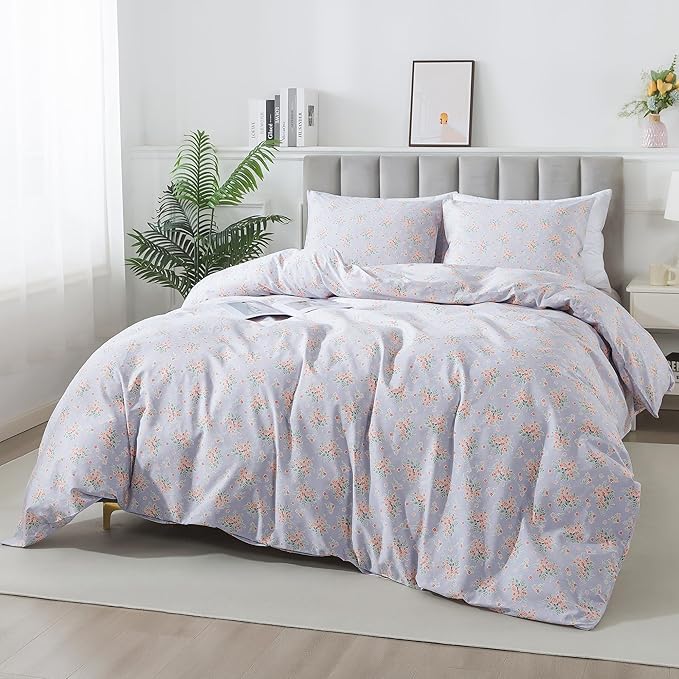 HoneiLife Wildflower Duvet Cover Queen - 100% Cotton Comforter Cover Sets, 3-PC Floral Duvet Cover Sets, Botanical Bedlinen Set with Zipper Closure & Corner Ties