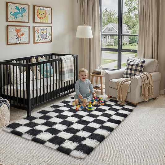 Checkered Rug 4x6 for Living Room, Black and White Modern Shag Rug Super Soft Washable Fluffy Rugs Indoor Fuzzy Carpet for Bedroom Home Dorm Aesthetic Decor