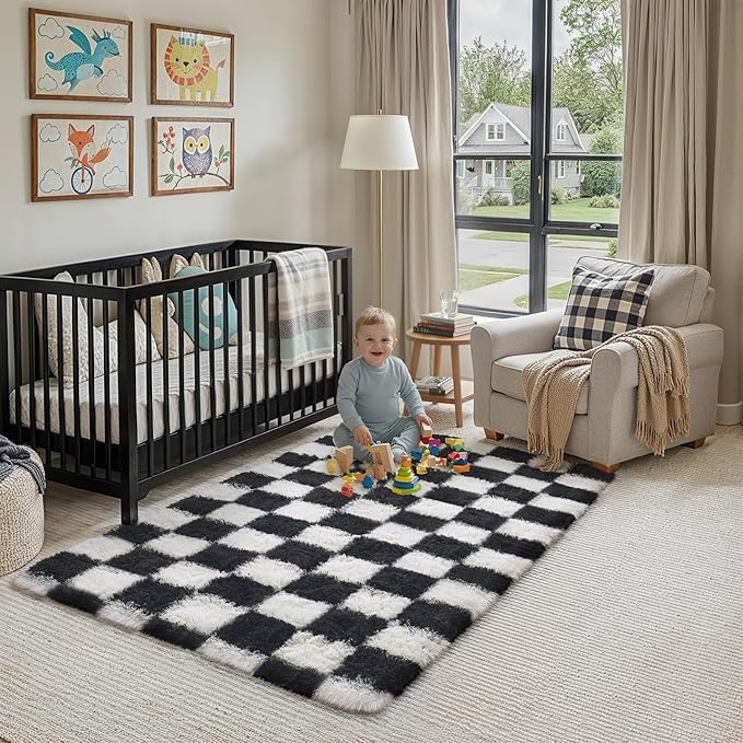 Checkered Rug 3x5 for Living Room, Black and White Modern Shag Super Soft Washable Fluffy Rugs Indoor Fuzzy Carpet for Bedroom Home Dorm Aesthetic Decor