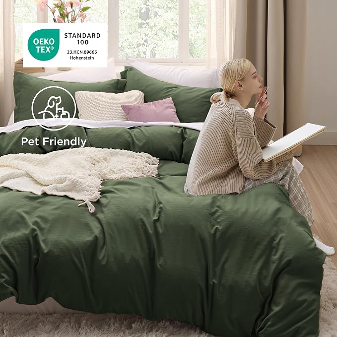Bedsure Olive Green Super Queen Duvet Cover - 3 Pieces Prewashed Cotton-Like Polyester Extra Soft Bedding Set, Includes 1 Duvet Cover 98''x90'' with Zipper Closure & 2 Pillow Shams, No Comforter
