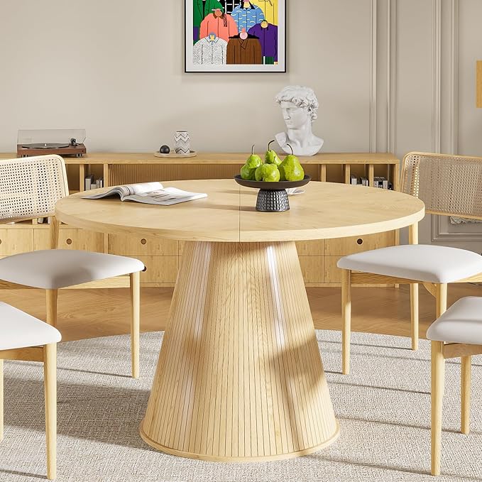 Round Dining Table for 4, Farmhouse Fluted Dining Kitchen Table, 47 Inch Modern Wood Small Circle Dining Table for Kitchen Living Room (Wood, 47inch)