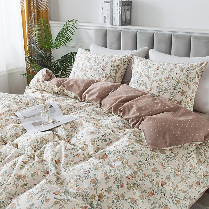 HoneiLife Botanical Duvet Cover King - 100% Cotton Comforter Cover Sets, Floral Duvet Cover Sets, Wildflower Bedlinen Set with Zipper Closure & Corner Ties