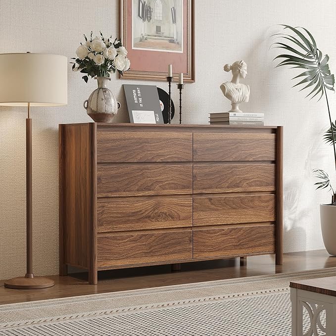 CHUWELL Dresser for Bedroom，55" Wide Mid Century Chest of Drawers with 8 Large Storage Space and 4 Solid Wood Cylindrical Legs,8 Drawer Large Dresser for Bedroom(Walnut)
