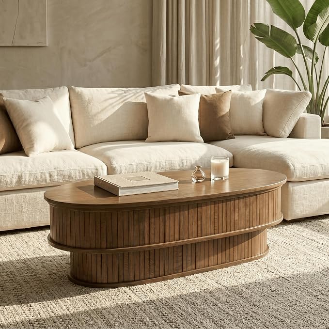 NTC Stream DOU Coffee Table, Modern Oval Wood Table with Removable Top Hidden Storage, Double-Layer Design with Vertical Groove Detail, Contemporary Center Table for Living Room, Dark Walnut