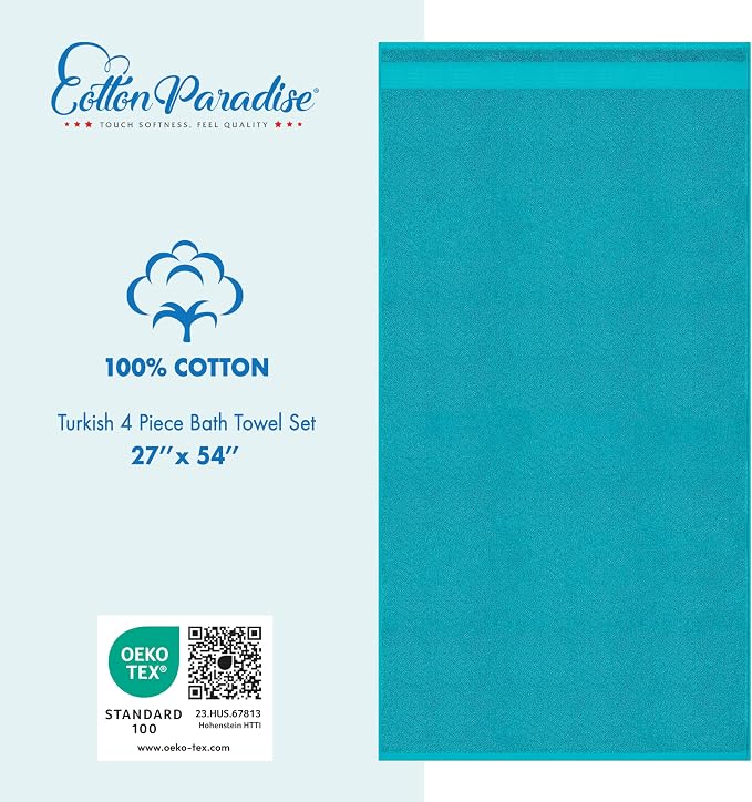 Cotton Paradise 4 Piece Turkish Bath Towels for Bathroom, 100% Cotton Extra Large Soft Plush Towels Bathroom Set, Aqua Blue
