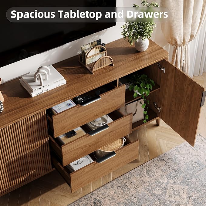 59" Fluted Sideboard Buffet Cabinet with 2 Doors and 3 Drawers, Large Modern Mid Century Buffet Table Coffee Bar Wine Bar Storage Cabinet with Adjustable Shelves for Dining Room, Living Room Walnut
