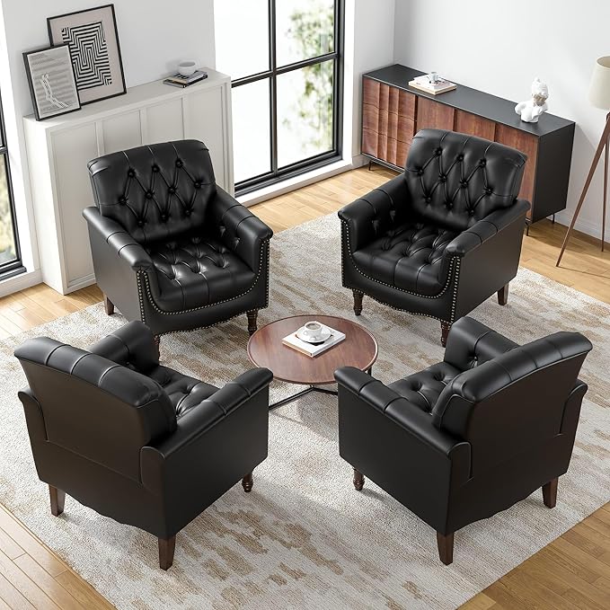 Lumibee Faux Leather Accent Chairs Set of 4, Upholstered Armchairs with Nailhead Trims & Wood Legs for Living Room, Bedroom, Contemporary Comfy Club Chairs for Office-Black