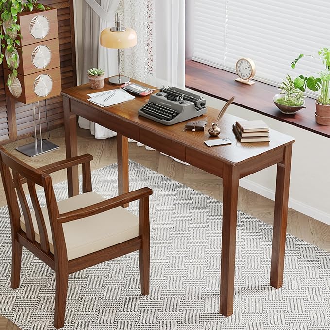 Wood Desk, Solid Wood Writing Table for Home Office, Mid Century Modern Desk with Drawers, Walnut (47inch / 120cm)