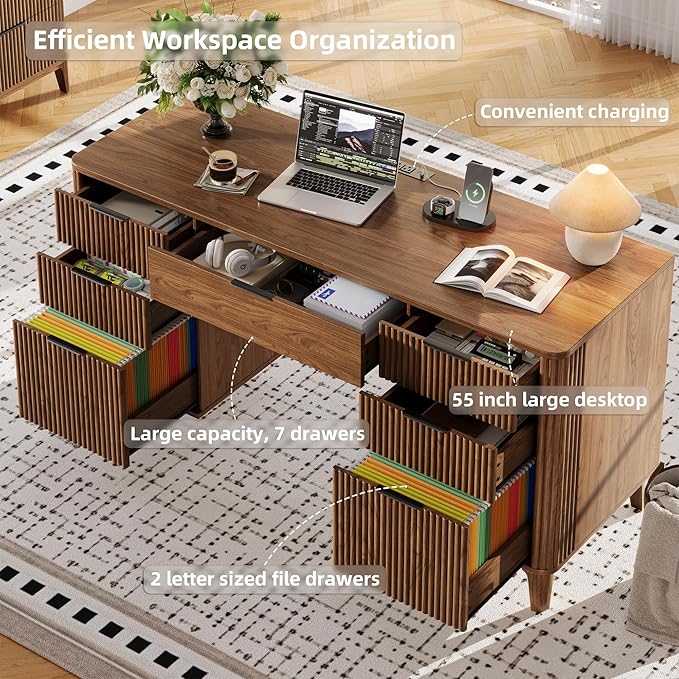 55.1" Fluted Executive Desk with Drawers, Wood Computer Desk with Storage Cabinet, Home Office Desk with Charging Station, Farmhouse Desk with File Cabinet for Office Home (Walnut)