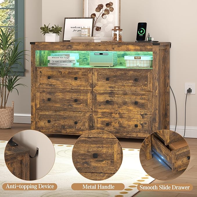 Brown Dresser 6 Drawer Dressers for Bedroom with LED Lights, Charging Station, Wood Chest of Drawers with Metal Handles, Modern TV Stand Storage Cabinet for Living Room, Hallway, Entryway