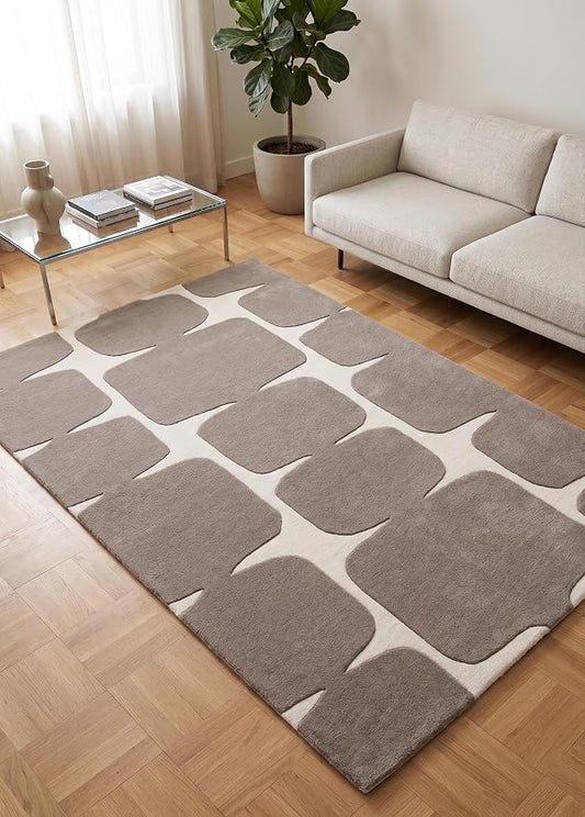 Restoration and Renovation Modern Wool Area Rug - Contemporary Abstract Geometric Design, Thick & Soft Hand-Tufted Carpet - Ideal for Indoor Decor in Living Room, Bedroom (Taupe, 2.6' x 8')