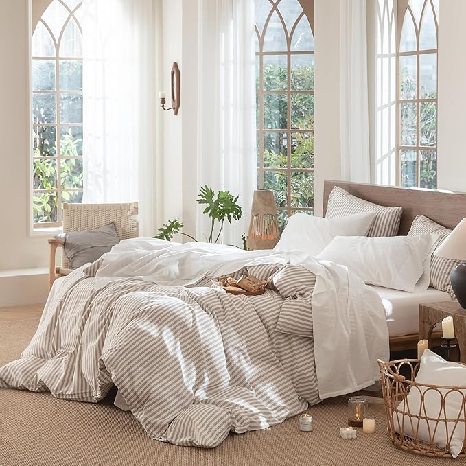MooMee Bedding Sheet Set 100% Washed Cotton Linen Like Textured Breathable Durable Soft Comfy (Solid Off White, Full)