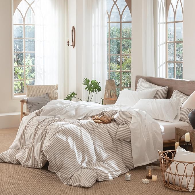MooMee Bedding Sheet Set 100% Washed Cotton Linen Like Textured Breathable Durable Soft Comfy (Solid Off White, King)