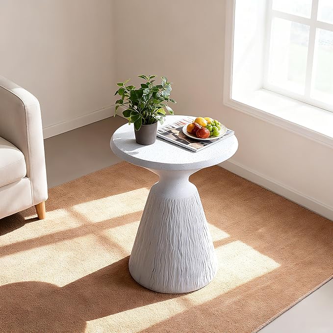ø16.73'' Faux Concrete Cement Round Side Table End Table, Modern Contemporary Minimalist White Finish Style, MGO & Fiberglass Material for Indoor & Outdoor, No Assembly, Aqua Grey