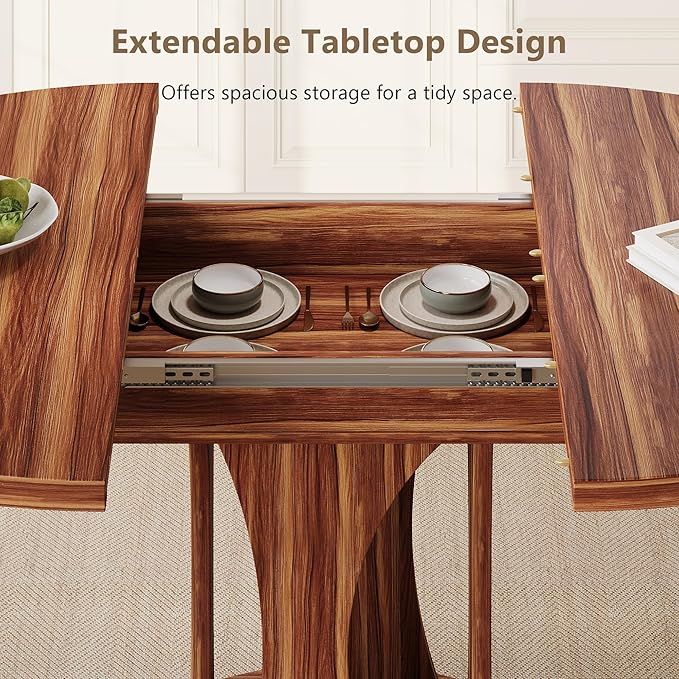 Einhomn 59" Extendable Round Dining Table for 6-8, Kitchen Table with Sturdy Double Arc Base & Backboard Clasp Desktop, Mid-Century Modern Dinner Table, Kitchen Dining Room, Space Saving, Walnut