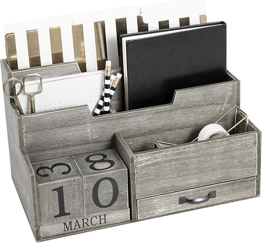BLU MONACO | Dark Wooden Mail Organizer with Block Calendar | Two-Tier Mail Sorter, Drawer & Accessory Compartment | Desktop Organizer for Home or Women’s Office