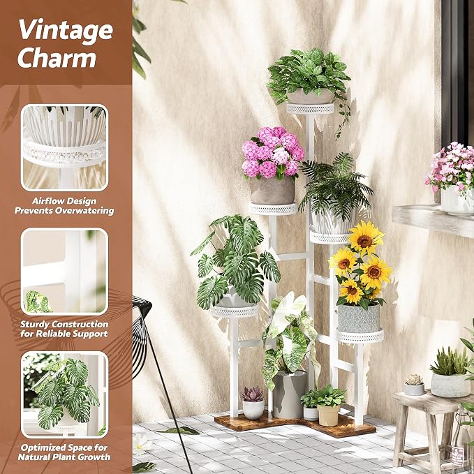 6 Tier Plant Stand, Tall Metal Wood Plant Shelf Corner Display Rack, Tiered Flower Pot Stands for Living Room Balcony Garden Patio