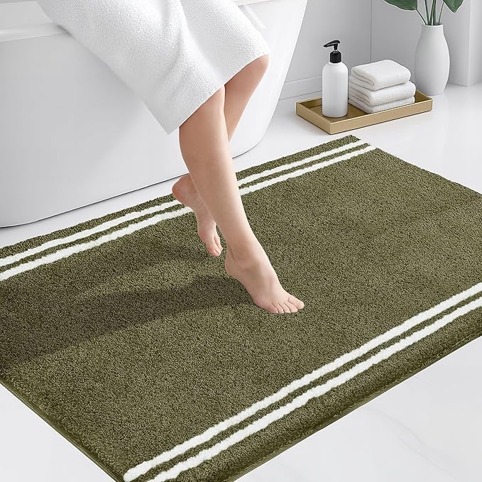 PURRUGS Bathroom Rug Non-Slip Machine Washable 30" x 46", Super Absorbent and Quick Dry Shaggy Microfiber Bath Mat, Extra Soft and Plush Bath Rug for Bathtub, Shower, and Sink, Olive Green