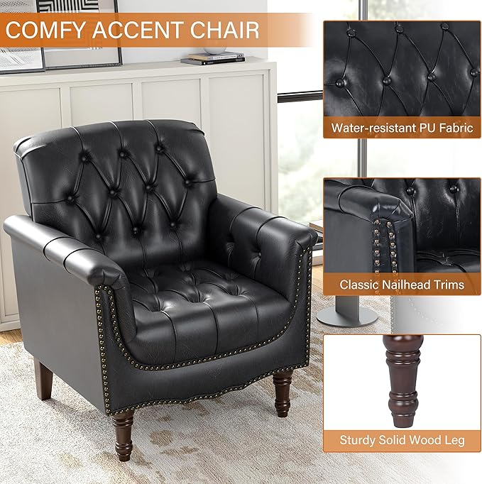 Faux Leather Club Chair, Retro Upholstered Armchair Accent Chair with Solid Wood Legs & Nailhead Trim for Living Room, Bedroom, Reading Room, Blue Black