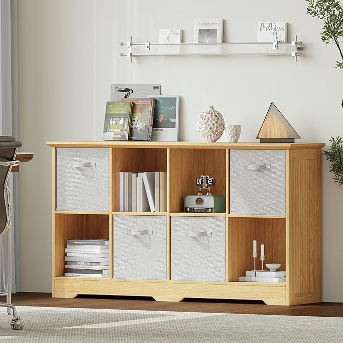 VORONOI 8 Cube Storage Organizer with 4 Fabric Drawers and Removable Shelves — Modular Cube Bookshelf for Bedroom, Living Room, or Home Office, Short Cube Bookcase for Toys, Decor,Natural Wood