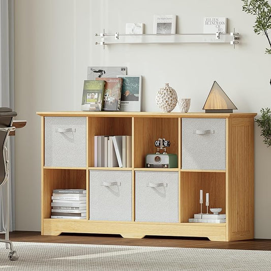 VORONOI 8 Cube Storage Organizer with 4 Fabric Drawers and Removable Shelves — Modular Cube Bookshelf for Bedroom, Living Room, or Home Office, Short Cube Bookcase for Toys, Decor,Natural Wood