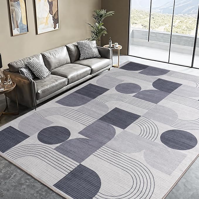 Large Machine Washable 4x6 Area Rug, Soft Modern Geometric Abstract Grey Rugs for Bedroom Living Room, Non-Shedding Faux Wool Indoor Throw Floor Carpet for Office Entryway Dining Room Decor