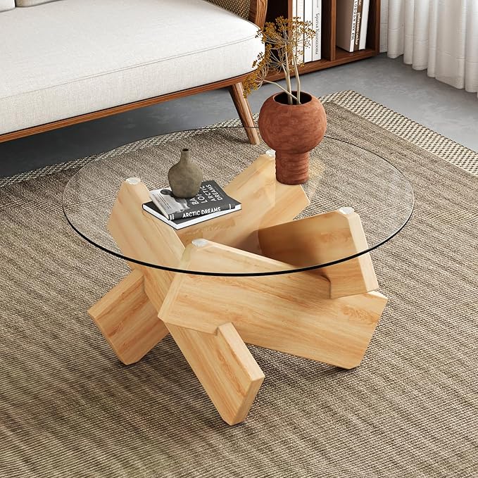 Round Glass Top Coffee Tables for Living Room, 33.4 Inch Modern Wood and Glass Coffee Table, Mid Century Circle Coffee Table with Crossed Legs, Round Center Table for Living Room