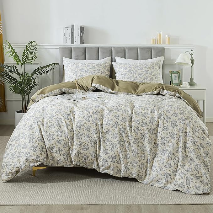 HoneiLife Floral Duvet Cover King - 100% Cotton Comforter Cover,Breathable Bedlinen Set with Zipper Closure & Corner Ties, Botanical Comforter Cover Sets 3-PC