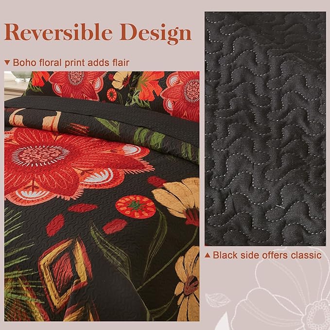 2 Piece Black Red Boho Floral Quilt Sets Twin Size Farmhouse Reversible Lightweight Bedspread Coverlet with 1 Sham Vintage Mid Century Microfiber Bedding Quilts Set for All Season, 68''x86''