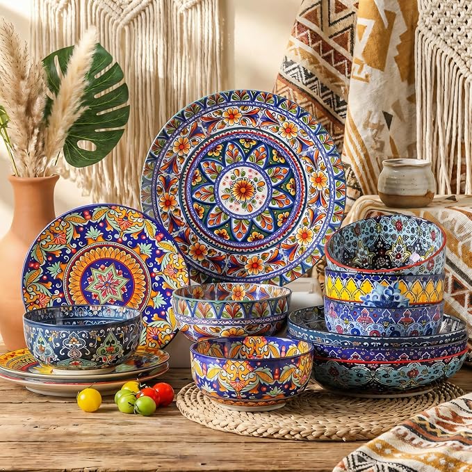 glowworm Dinner Plates Set of 6 – 8.5 Inch Ceramic Dessert Plates, Colorful Bohemian Salad Plate Set for Kitchen, Restaurant & Housewarming Gift – Microwave, Oven & Dishwasher Safe