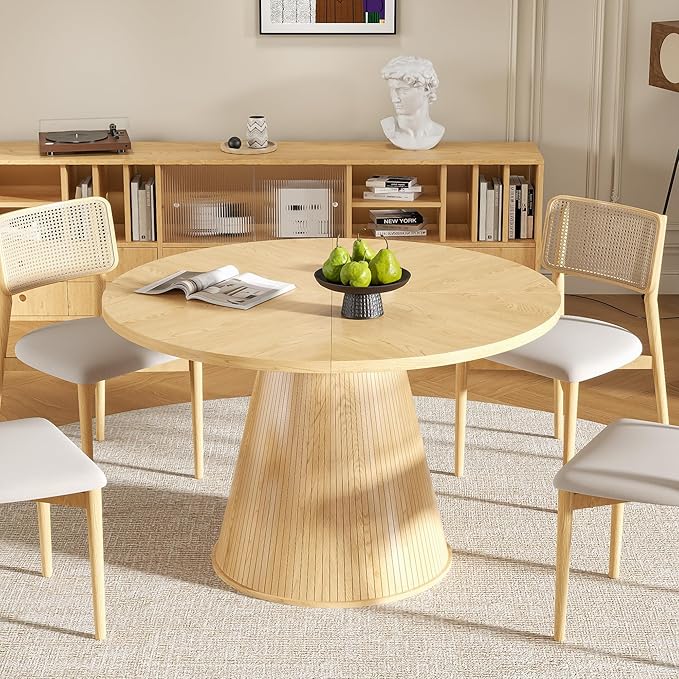 Round Dining Table for 4, Farmhouse Fluted Dining Kitchen Table, 47 Inch Modern Wood Small Circle Dining Table for Kitchen Living Room (Wood, 47inch)