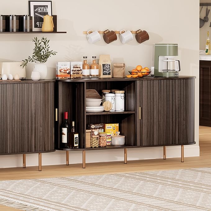 DHH Sideboard Buffet Cabinet with Storage,Mid Century Modern Fluted Accent Coffee Bar Console Table,Tambour Sliding Doors& Adjustable Shelf for Kitchen, Living Room, Entryway(Dark Walnut,55 Inch)