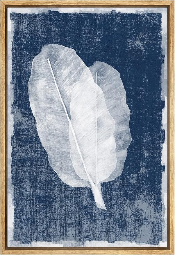 MUDECOR Framed Canvas Print Wall Art Faded White Transparent Leaves Nature Wilderness Illustrations Modern Art Nautical Relax/Calm Blue Ultra for Living Room, Bedroom, Office - 16"x24" Natural