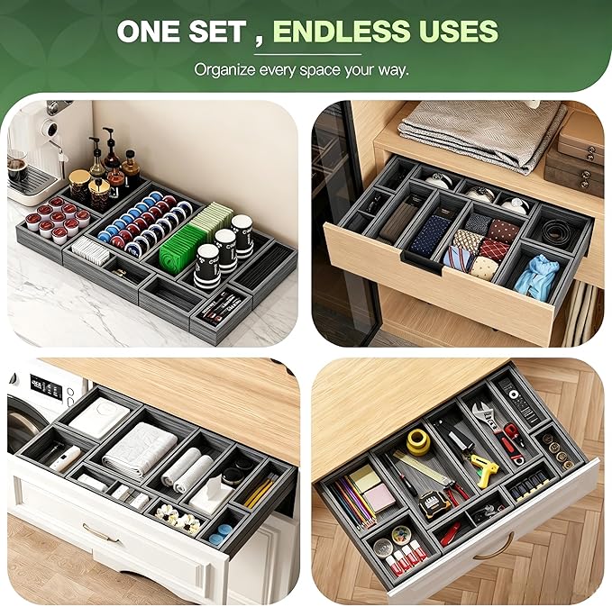 9-Pack Solid Wood Junk Drawer Organizer, Modular Desk Drawer Tray & Accessories with Non-Slip Pad, Multi-Use for Kitchen, Office, Bedroom Dresser, Utensil, Makeup, Stationery, Tea Bags & Coffee Pod